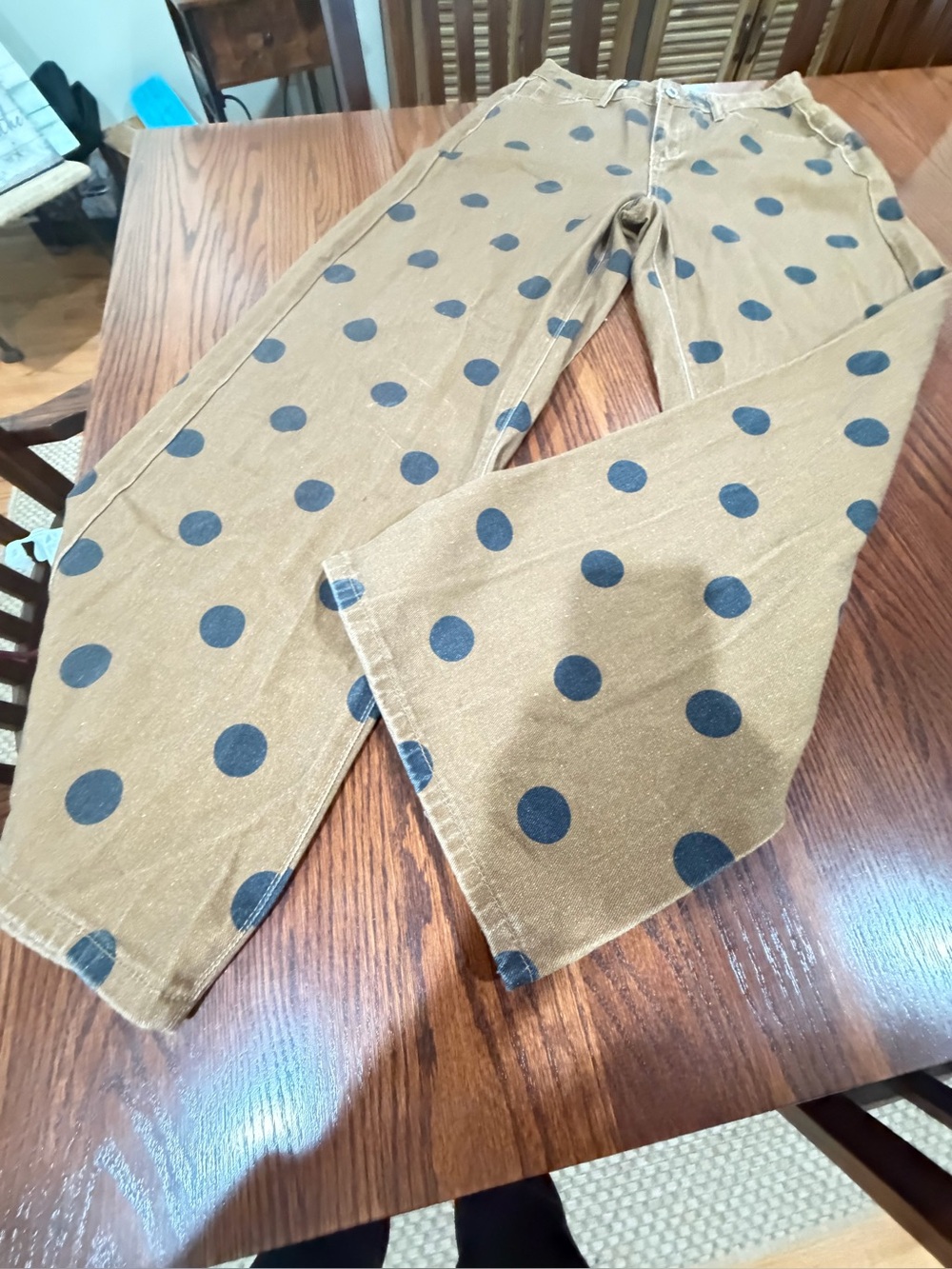 Missguided Size 28 Tan Navy Polka Dot Wide Leg Pants 100% Cotton